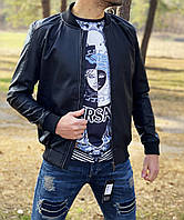 Мужская короткая куртка ветровка кожаная черная с капюшоном весна/осень.Мужская кожанка на манжетах