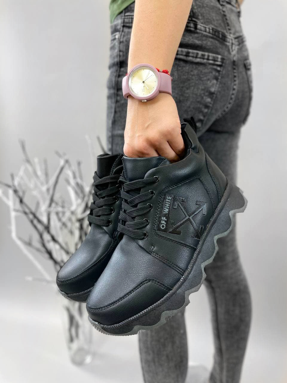 Кросівки високі демісезонні шкіряні чорного OFF WHITE