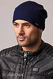 Шапка мужская вязаная зимняя с хлястиком Теплая шапка с отворотом Caskona Premium Unix синяя, фото 6