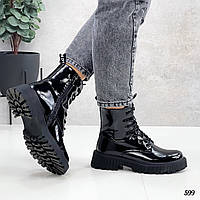 Женские кожаные лаковые демисезонные ботинки на шнуровке 36,38 р чёрный, фото 1