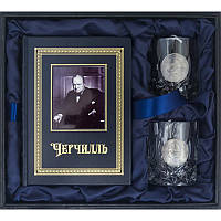 Мужской подарочный набор: книга в кожаном переплете "Черчилль", бокалы и камни для виски в футляре