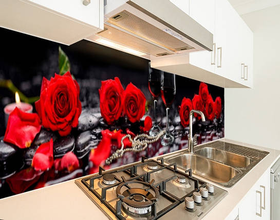 Панель кухонні, замінник скла троянди червоні з келихами, з двостороннім скотчем 62 х 205 см, 1,2 мм, фото 2