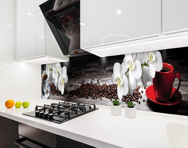 Наклейка на кухонний фартух 65 х 300 см, з фотодруком та захисною ламінацією орхідеї з зернами кави (БП-s_fl11726)
