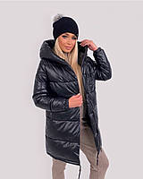Куртка жіноча зимова з еко шкіри S M L. Куртка жіноча тепла зимня довга з капюшоном кожана 42 44 46