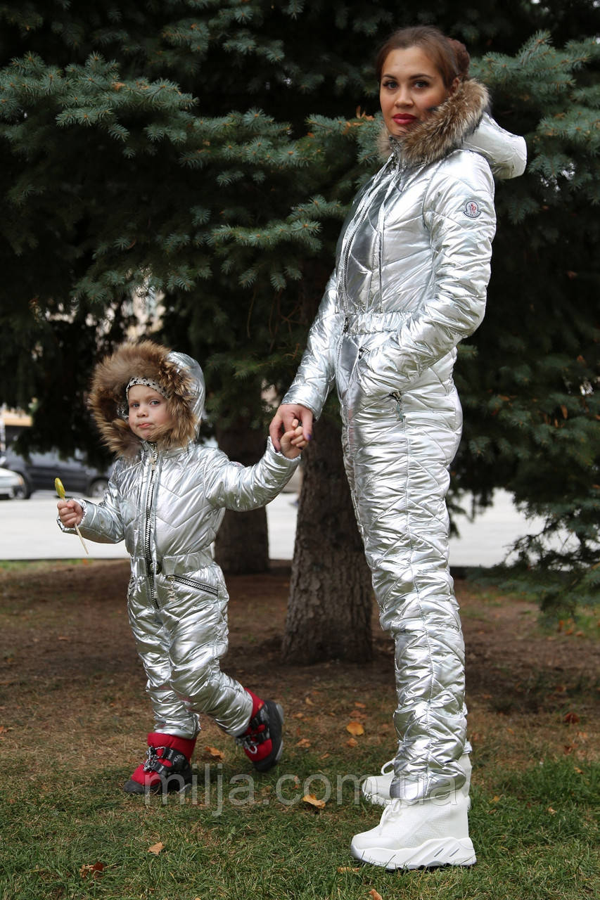 Зимові комбінезони family look з натуральним хутром, жіночий зимовий комбінезон дитячий зимовий комбінезон