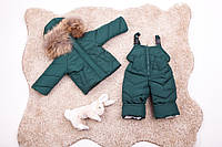 Детский зимний костюм и полукомбинезон с натуральным мехом енот Зеленый