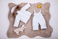 Детский зимний костюм с полукомбинезоном с натуральным мехом енот Белый