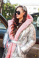 Двухсторонние пальто одеяло в комплекте двухсторонний пояс, Пальто-одеяло стеганное с цельным капюшоном серебр