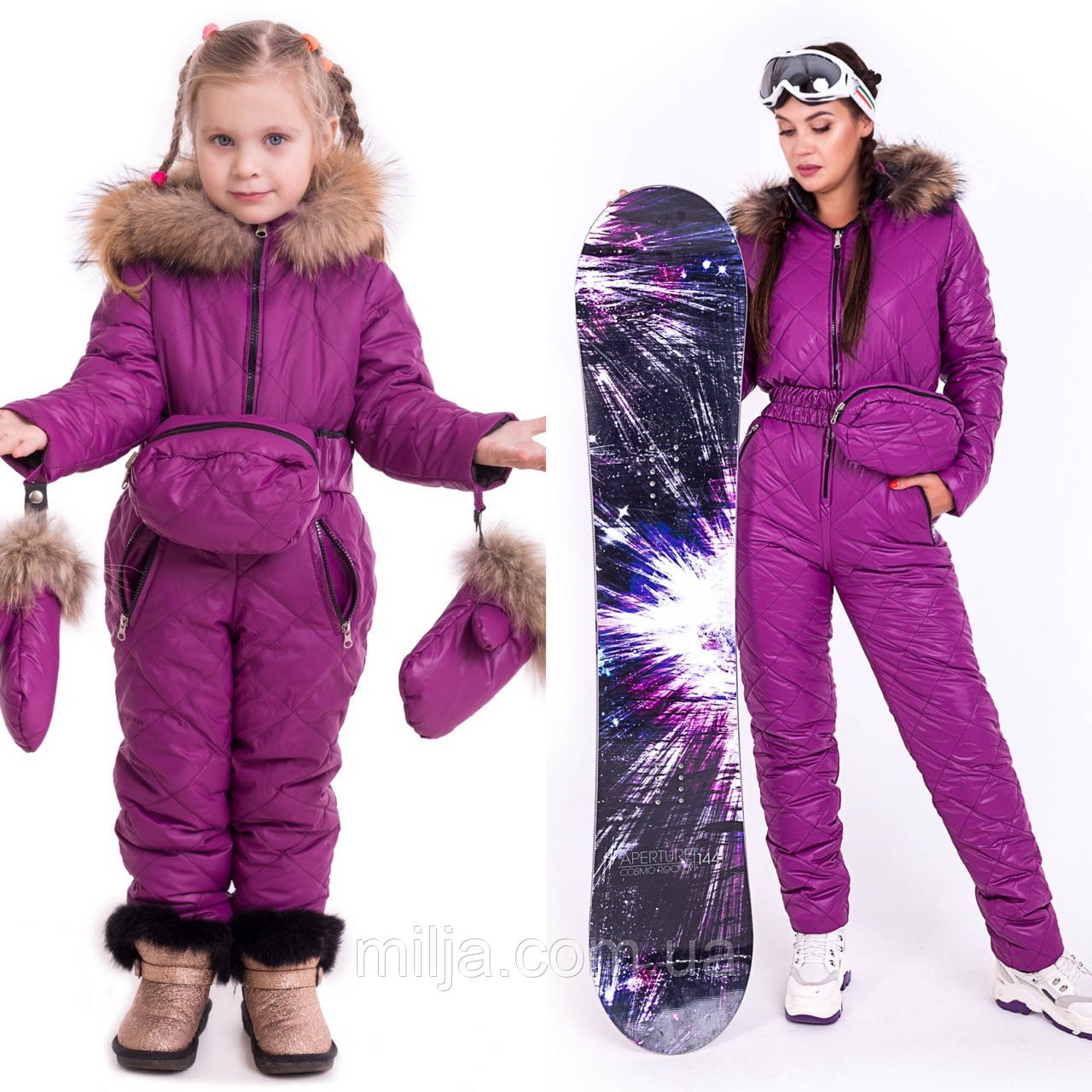 Зимові комбінезони family look з натуральним хутром, жіночий зимовий комбінезон дитячий зимовий комбінезон