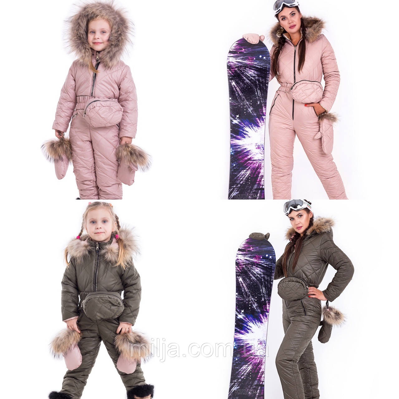Зимові комбінезони family look з натуральним хутром, жіночий зимовий комбінезон дитячий зимовий комбінезон