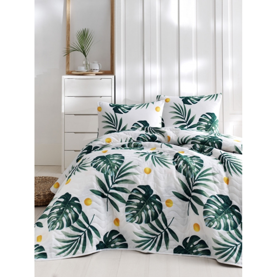 Покривало стеганное з наволочкою Eponj Home - Monstera yesil зелений 160*220