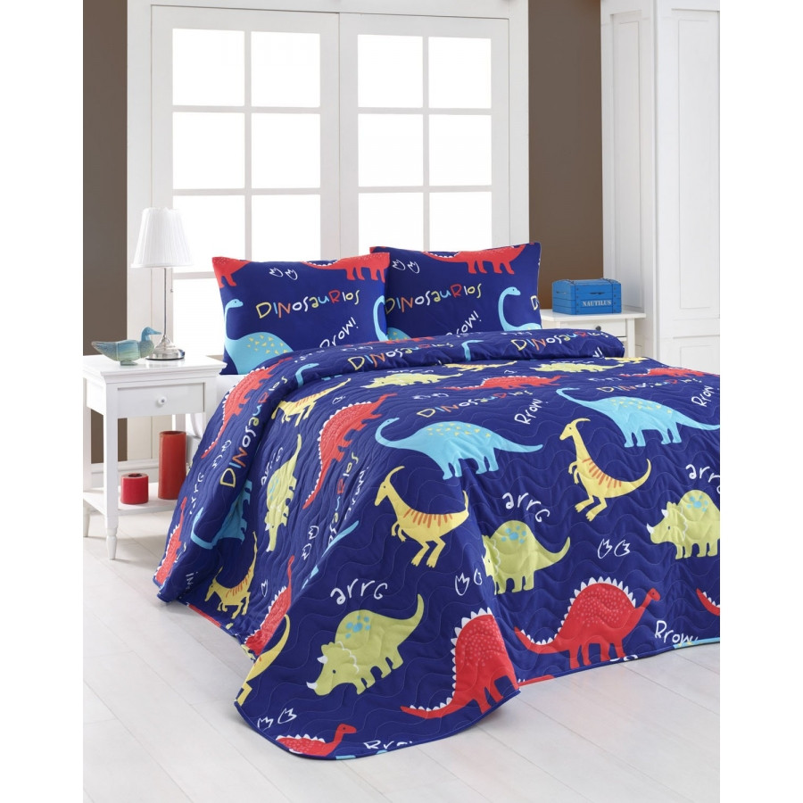 Покривало стеганное з наволочками Eponj Home - Dinozorus mavi синій 200*220