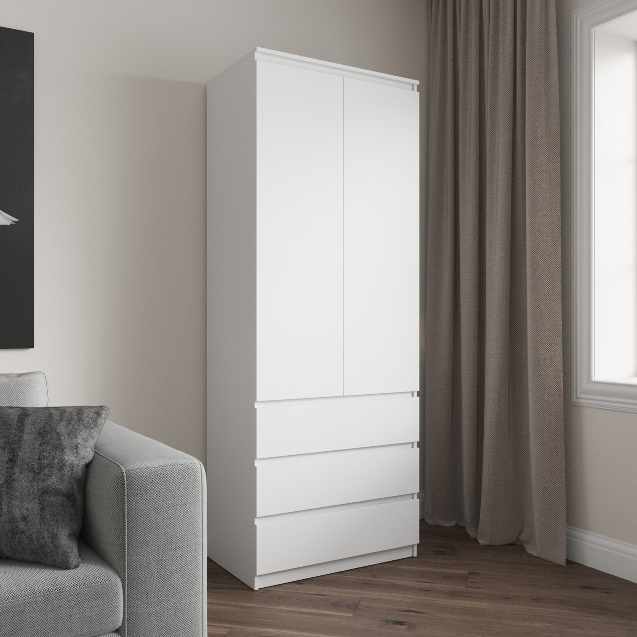 Шафа для одягу VAYS R-16, 3 шухляди, полиці, без ручок, ЛДСП, 80×50×211 см – для спальні, вітальні, передпокою, фото 1