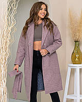 Тёплое кашемировое пальто с поясом, арт 175, цвет серо розовый / пудра
