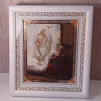 Ікона Благовіщення Пресвятої Богородиці, лик 15х18 см, в білому дерев'яному кіоті