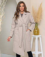 Тепле кашемірове пальто з поясом, арт 175, колір сіро-бежевий
