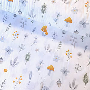 Тканина поплін равлика, грибочки, метелики сіро-жовтогарячі на білому (ТУРЦІЯ шир. 2,4 м) (R-T-0237)