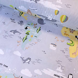 Тканина поплін-карта з тваринами на сірому (ТУРЦІЯ шир. 2,4 м) (R-T-0538)