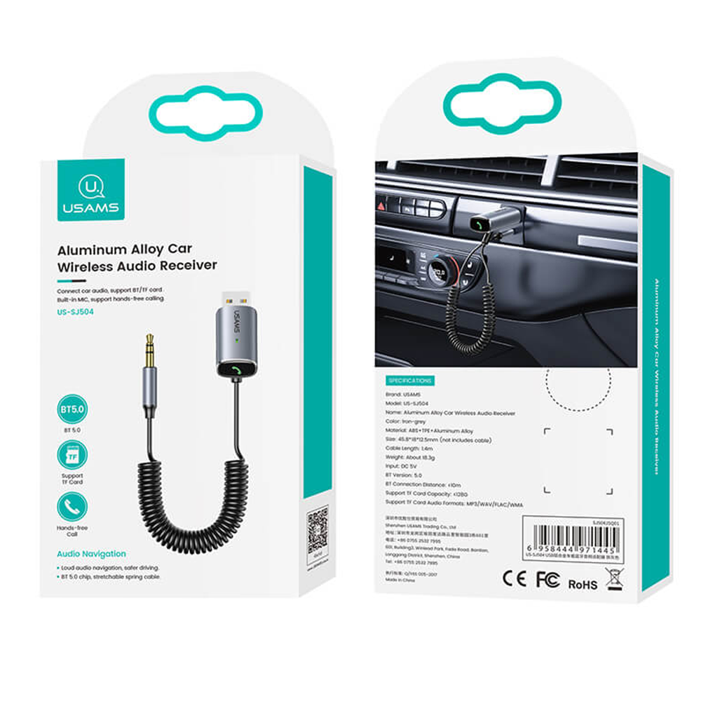 Адаптер Bluetooth to AUX 3.5 jack USAMS US-SJ504 BT 5.0 | MicroSD card Grey - фото 7 - id-p1489905056