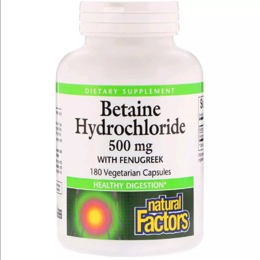 Бетаїн Гідрохлорид і Пажитник, Betaine Hydrochloride + Fenugreek, Natural Factors, 500мг, 180 капсул