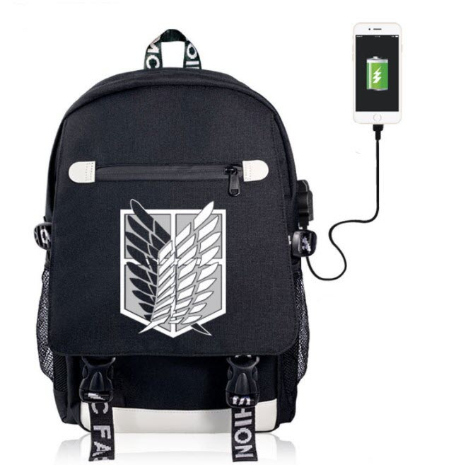 Рюкзак Аніме Атака Титанів Attack on Titan з стрічками та usb для Навушників і Заряджання Чорний