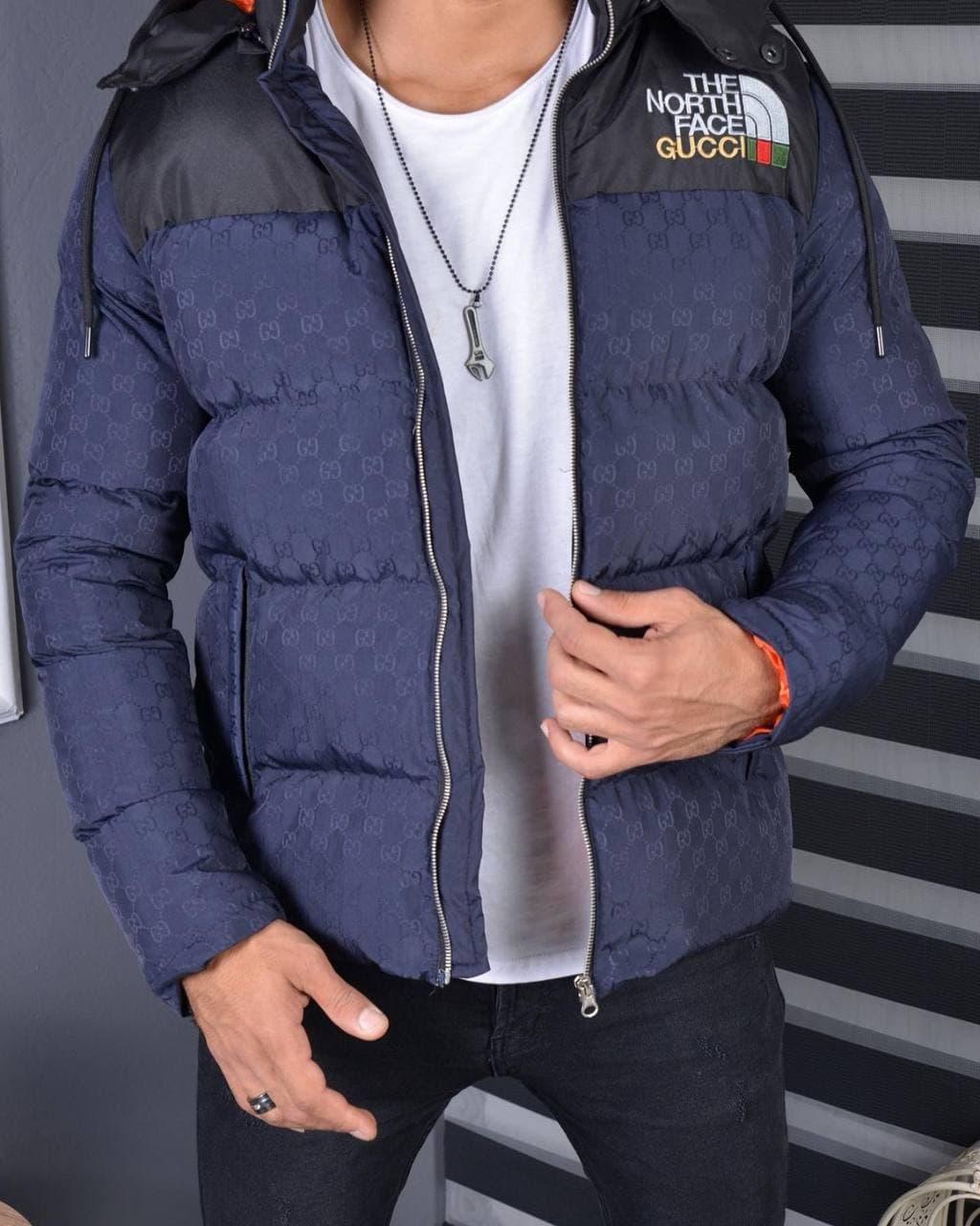 Куртка чоловіча пуховик зимова з капюшоном брендова The North Face x Gucci (TNF) 700