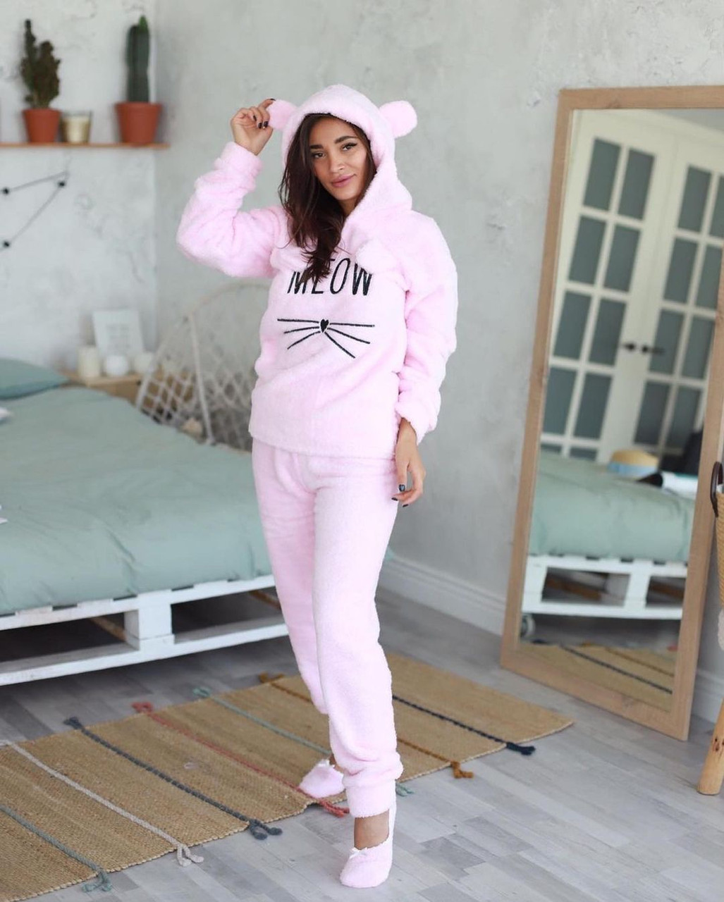 Піжама жіноча тепла махрова з вушками Мяу (кофта та штани) Meow Туреччина