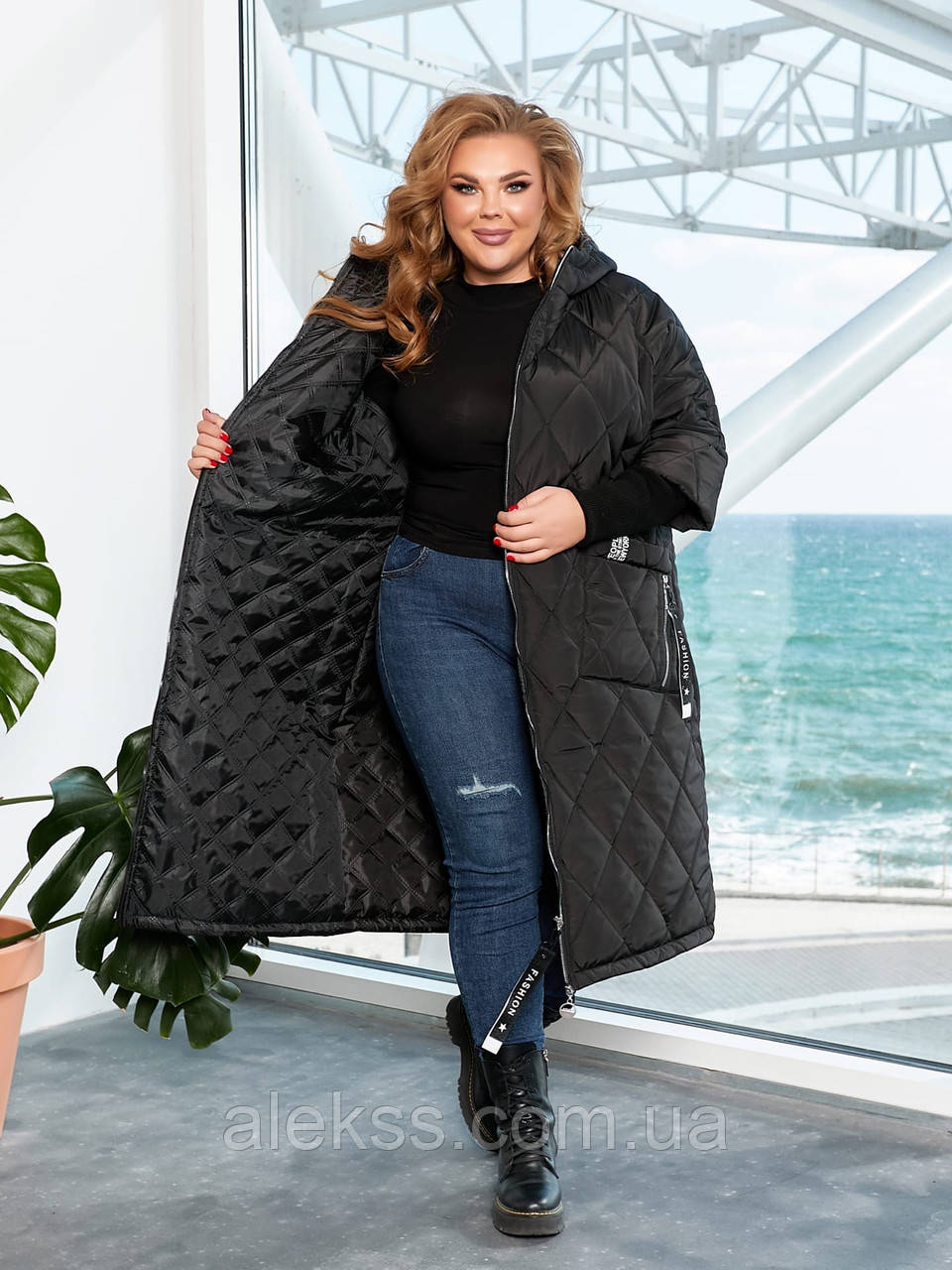 Женское зимнее куртка - пальто с капюшоном. плащевка утеплитель силикон в больших размерах 56/58, Черный - фото 3 - id-p1490170693