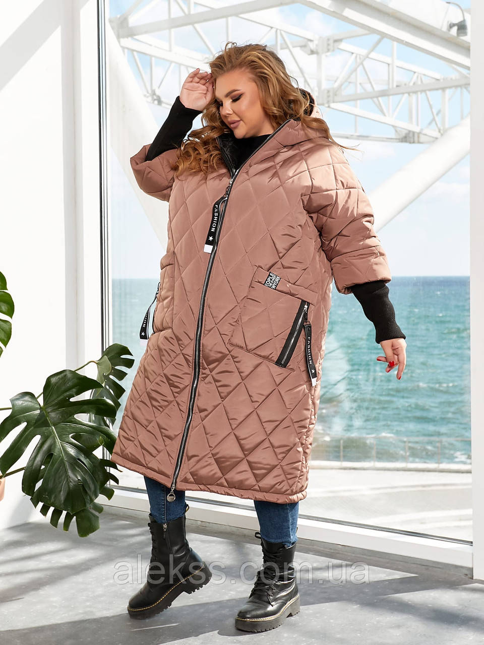 Женское зимнее куртка - пальто с капюшоном. плащевка утеплитель силикон в больших размерах 56/58, Бежевый - фото 2 - id-p1490170696
