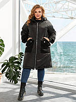 Женское зимнее куртка - пальто с капюшоном рукав ребана . плащевка утеплитель силикон в больших размерах 56/58, Черный