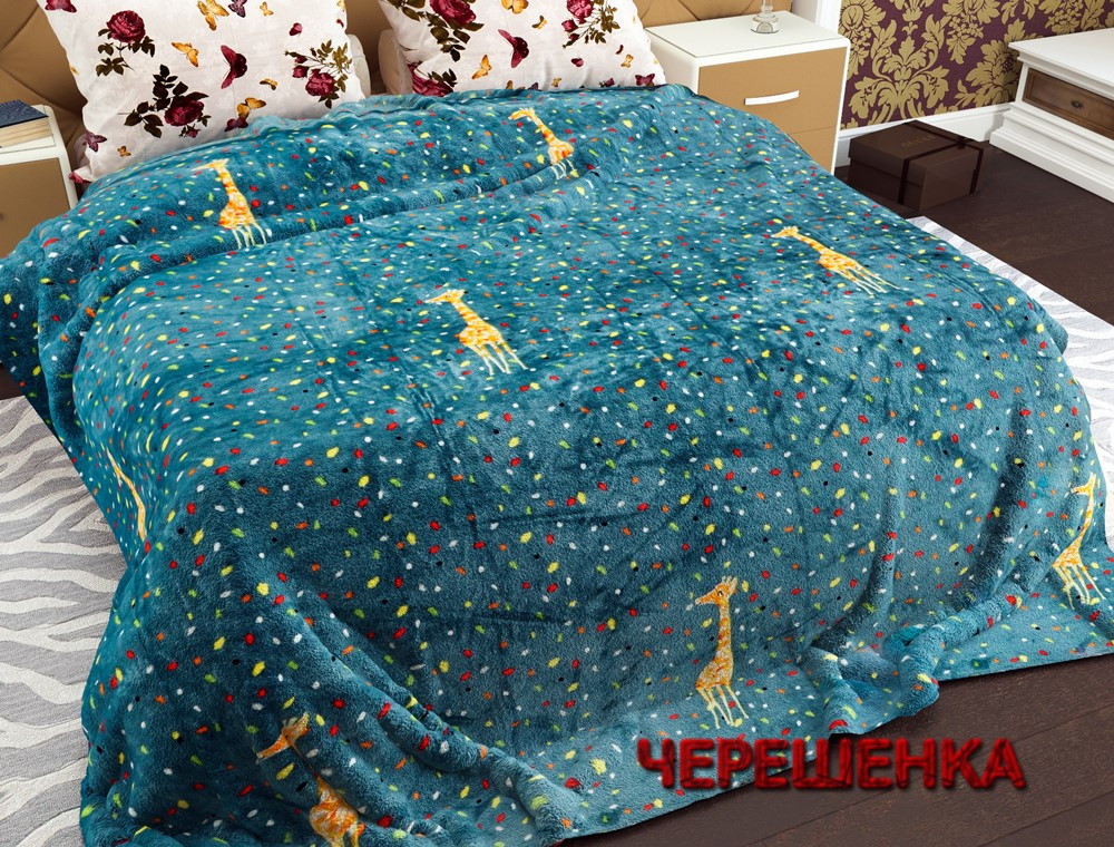 Флісовий плед полуторний односпальний 150х220 темний бірюзовий з принтом жирафи