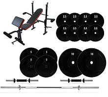 Комплект 72кг штанга + гантелі + лава для жиму з та партою Скотта і стійками під штангу 7F L310