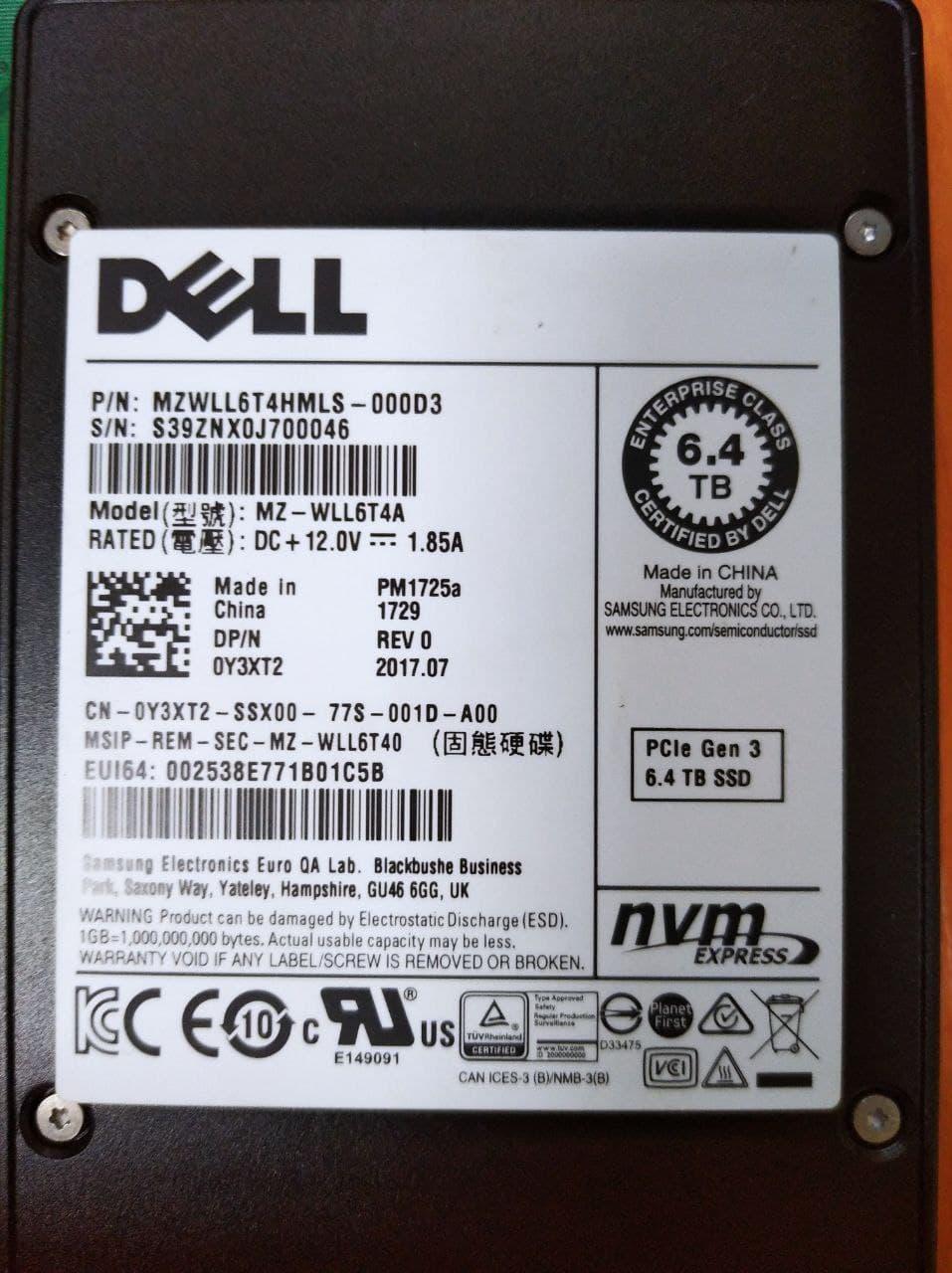 Dell Express Flash NVMe 6.4TB U.2 SSD MZ-WLL6T4A 2.5 SFF (PM1725a) oem