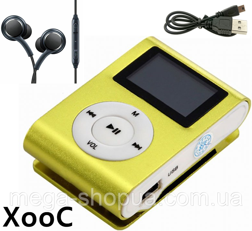 Міні MP3 плеєр алюмінієвий кліпса + вакуумні навушники + USB перехідник. Мп3 плеєр для спорту, бігу WJ3G