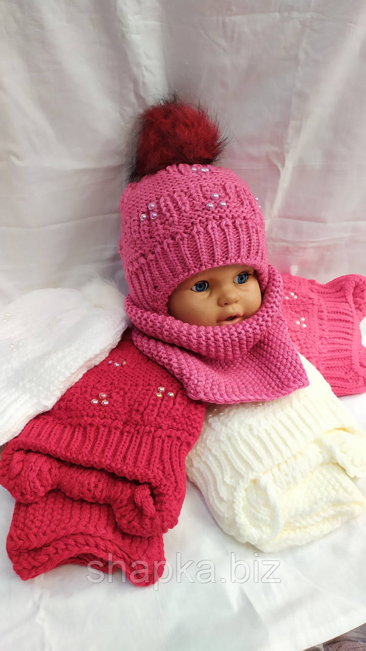 Шапка дитяча в'язана на флісі з бубоном і хомутом., фото 1