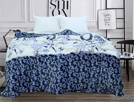 Плед покривало 160х220 велсофт Орнамент синій на ліжко, диван, фото 1