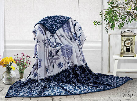 Плед покривало 160х220 велсофт Орнамент синій на ліжко, диван, фото 2
