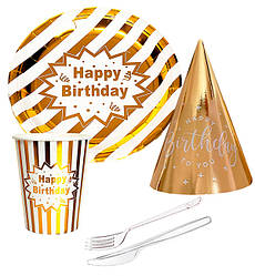 Набір одноразового посуду "HB gold" (10 тарілок, 10 виделок, 10 ножів, 10 стаканчиків, 10 ковпаків)