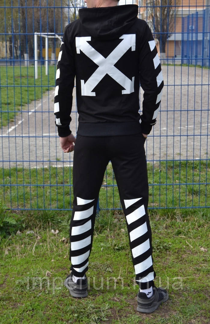 Спортивний кежуал чорний костюм з капюшоном off white | білий логотип офф вайт