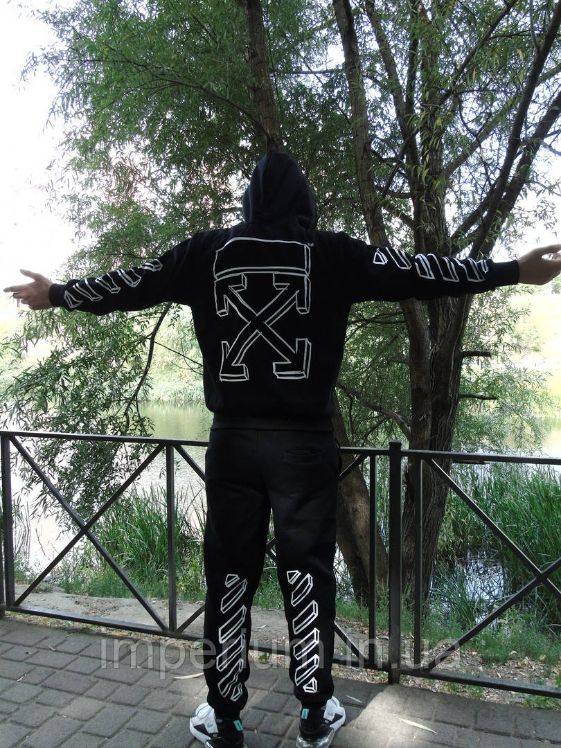 Трикотажний чорний костюм з капюшоном офф вайт | off white 3D