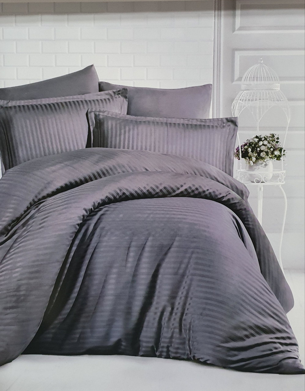 Набір постільної білизни сатин страйп 200 на 220 см Clasy графітовий, фото 1