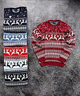 Мужской стильный вязанный новогодний свитер с оленями шерсть и акрил красный