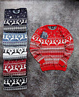 Мужской стильный вязанный новогодний свитер с оленями шерсть и акрил красный