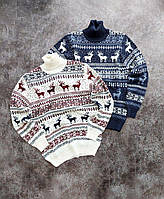 Мужской стильный вязанный новогодний свитер с оленями шерсть и акрил под горло