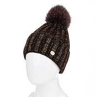 Жіноча в'язана шапка з натуральним хутряним бубоном і флісовою підкладкою UNK коричнева