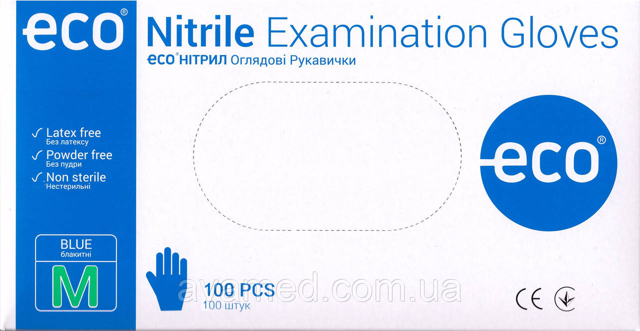 Рукавички ECO Nitrile, нітрилові оглядові нестерильні, неопудрені, блакитний колір, ЕКО Нітрил 3.5 грама