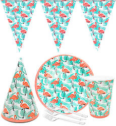 Набір паперового посуду "Фламінго" (10 тарілок, 10 виделок, 10 стаканчиків, 10 колпаков, 1 гірлянда)