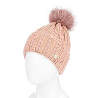 Жіноча в'язана шапка з натуральним хутряним бубоном і флісовою підкладкою UNK персикова