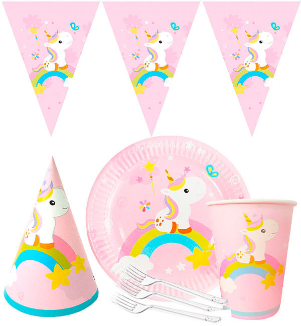 Набір паперового посуду "Единорожка" (10 тарілок, 10 виделок, 10 стаканчиків, 10 колпаков, 1 гірлянда)