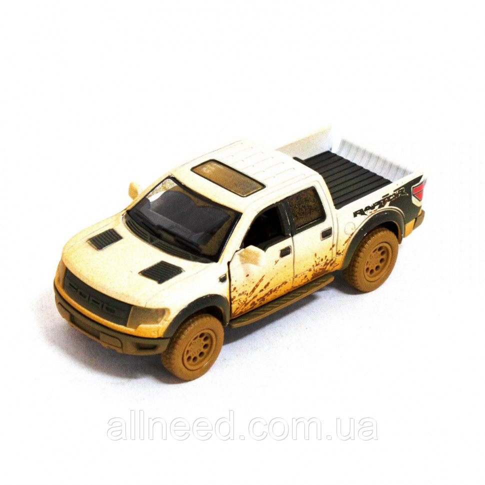 Дитяча модель машинки пікап Ford F-150 SVT Raptor-Supercrew Muddy Kinsmart KT5365WY інерційна, 1:46 White